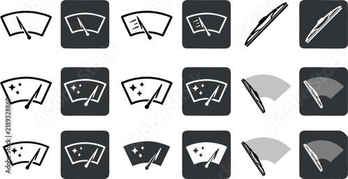 Car Windshield Wiper Icon Set Featuring Glass Cleaning Indicators, Blade Motion Streams, Washer Fluid Sprays, and Automotive Dashboard Control Symbols for Vector Graphic Layouts