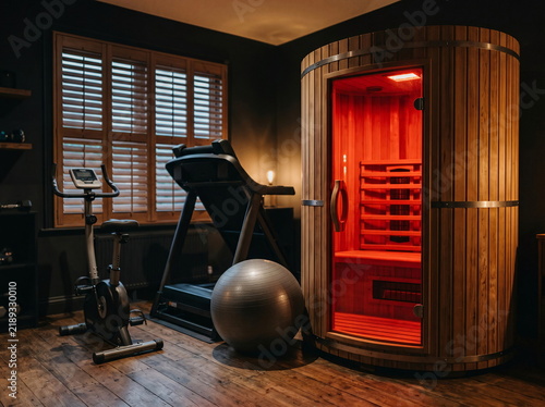 Home Gym with Infrared Sauna Cabin and Fitness Equipment