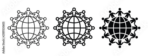 Global Unity Icons: Diverse People Holding Hands Around Earth, International Connection Symbols