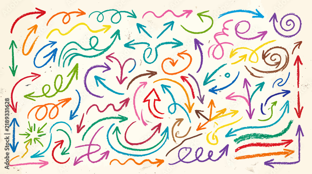 Fototapeta premium Colorful Hand Drawn Crayon Doodle Arrows Set for Infographic Design
