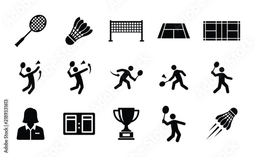 Badminton Icons Set: Racquet, Shuttlecock, Court, Players, Trophy, Scoreboard, Vector Graphics for Sports and Recreation