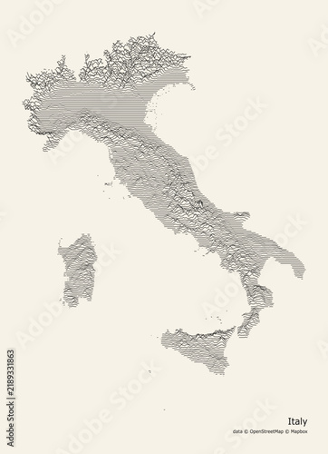 Monochrome shaded relief map poster of Italy, displaying 3D topographical terrain, Alps, Apennine Mountains, Sicily, and Sardinia in a clean beige aesthetic.