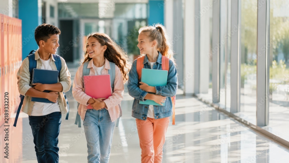 Obraz premium Happy Diverse Schoolchildren Walking Together Through Bright Modern School Hallway