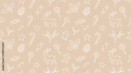 Seamless Christmas line art pattern with holly candy canes and gingerbread on beige