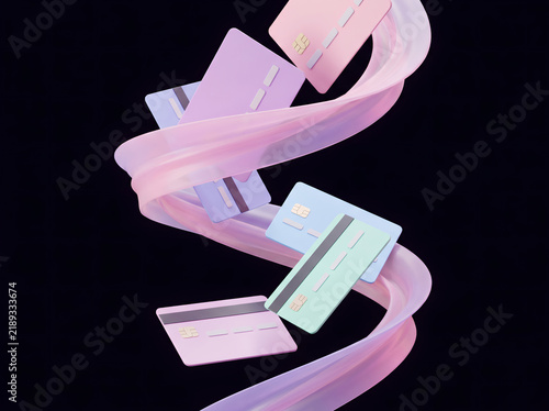 Credit Cards Floating with Flowing Ribbon