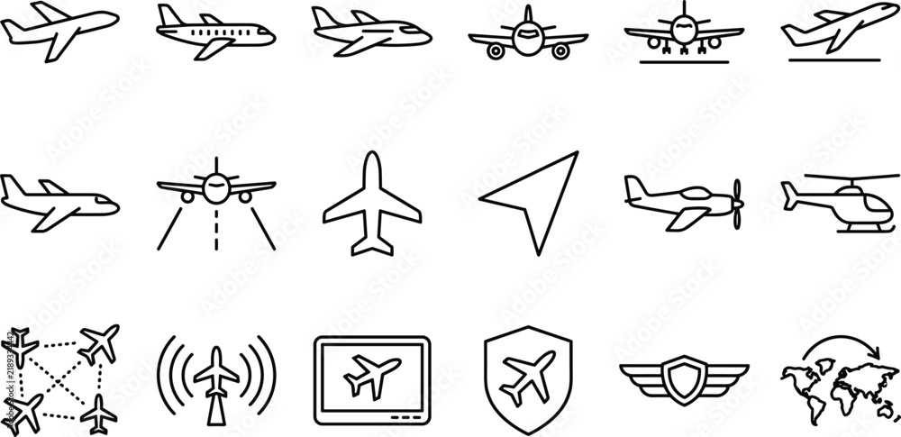 Fototapeta premium Aviation and commercial airplane travel line icons set representing international flight transportation and global tourism logistics