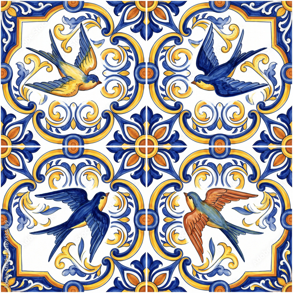 Fototapeta premium Seamless pattern of traditional Mediterranean ceramic tiles featuring hand-painted swallow birds and ornate blue and yellow floral scrollwork for elegant interior design decoration