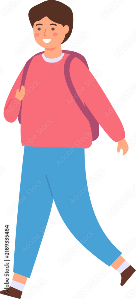 Obraz premium Smiling young boy walking carrying a backpack, representing education and school life
