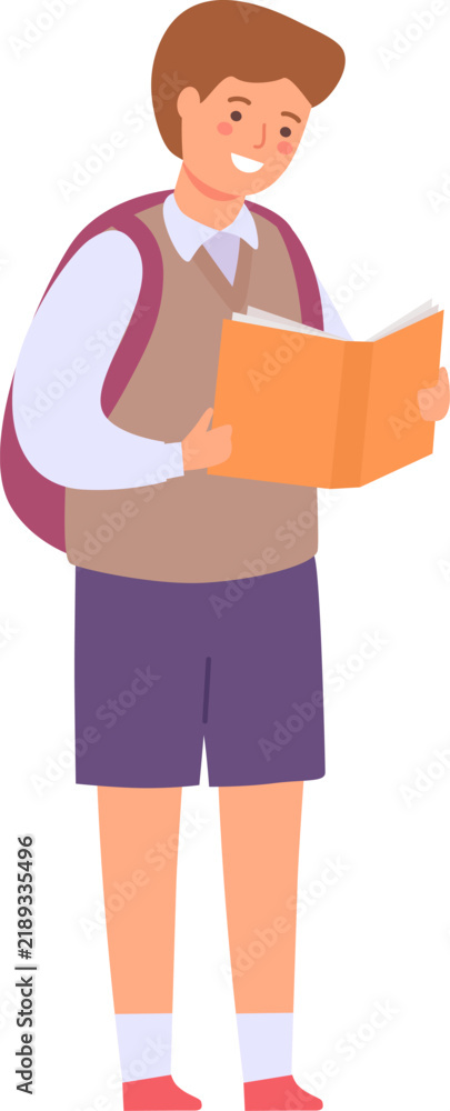Obraz premium Young boy character happily reading a book, representing education and learning