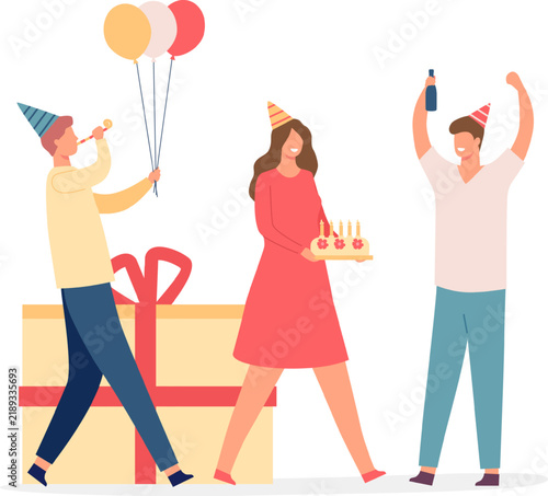 People enjoying a festive birthday party with balloons, cake, and gifts