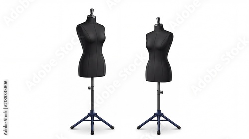 Two black female sewing mannequins displayed for fashion design projects standing isolated on white background