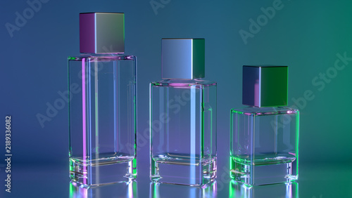 Square glass perfume bottles of various sizes with silver caps. 3D illustration on a blue-green gradient background