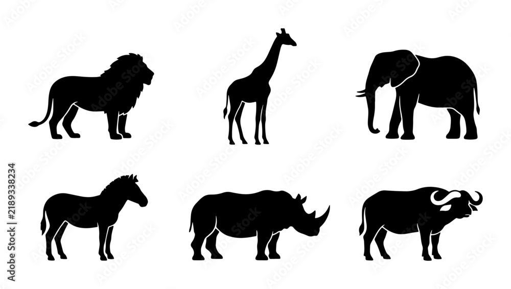 Fototapeta premium African Safari Wildlife Silhouettes, Majestic Lion, Giraffe, Elephant, Zebra, Rhino, Buffalo Icons