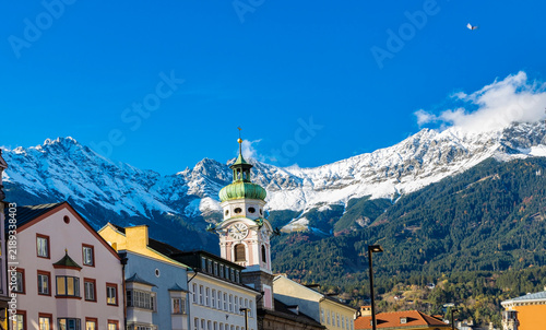 Panoramic view of sunshine day scene at Innsbruck cityscape, colorful historic buildings in Innsbruck, Austria	