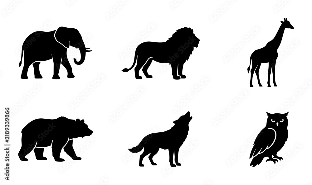 Fototapeta premium Wild animal silhouettes, majestic wildlife vector icons, diverse safari and forest creature collection
