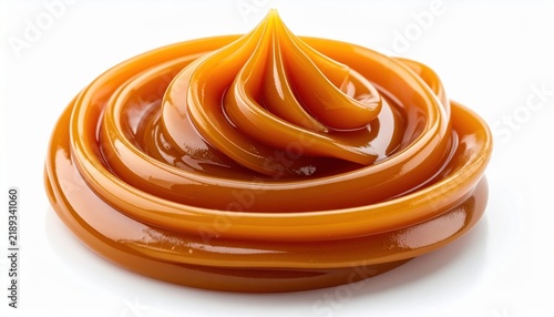 Smooth caramel sauce swirl with glossy texture, isolated on pure white background, ultra realistic food photography