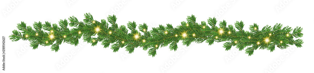 Obraz premium Horizontal Christmas garland with pine cones, fir branches, holly berries, glowing lights, and balls. Perfect for holiday banners, cards, and transparent background 