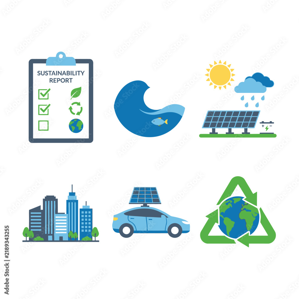 Obraz premium Eco friendly icons set with solar panel, car, and recycling symbol on white background