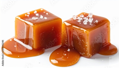 Two salted caramel candy cubes drizzled with caramel sauce and sea salt, isolated on white