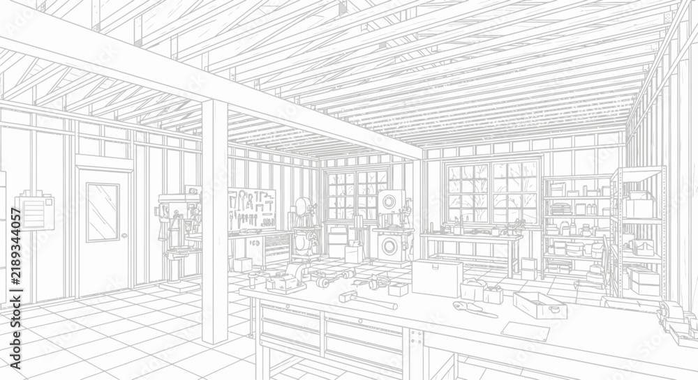 Fototapeta premium Workshop interior blueprint displays a detailed garage layout with workbenches and storage shelving.