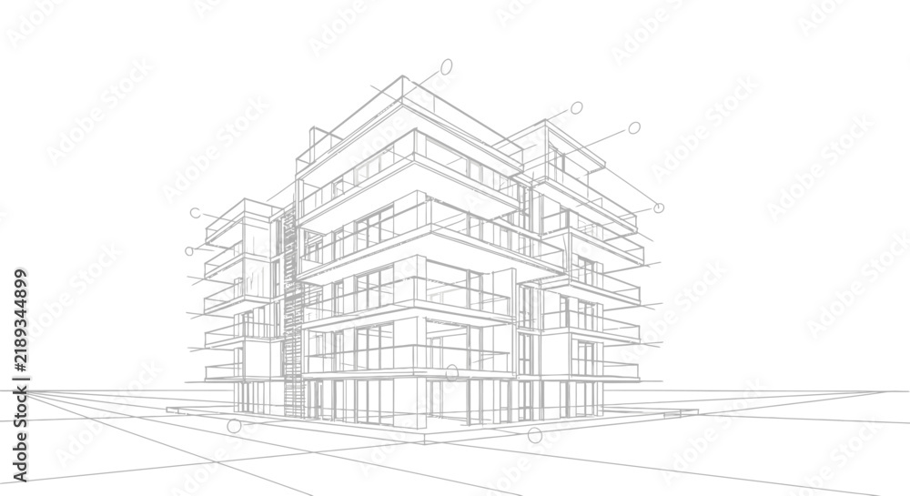 Fototapeta premium Residential building wireframe shows a detailed architectural perspective of a contemporary complex.