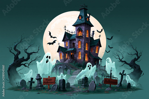 Haunted house with ghosts, graveyard and full moon, Happy Halloween scene