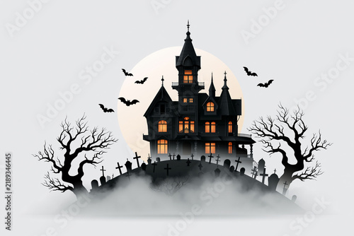 Witch flying on broom past haunted house atop hill with full moon and graveyard