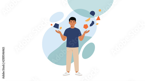 фотографія Vibrant celebration scene featuring a man among confetti and balloons in a festive pose