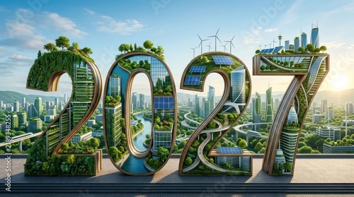 Ecofriendly Futuristic Cityscape with Year 2027 in Green Typography.