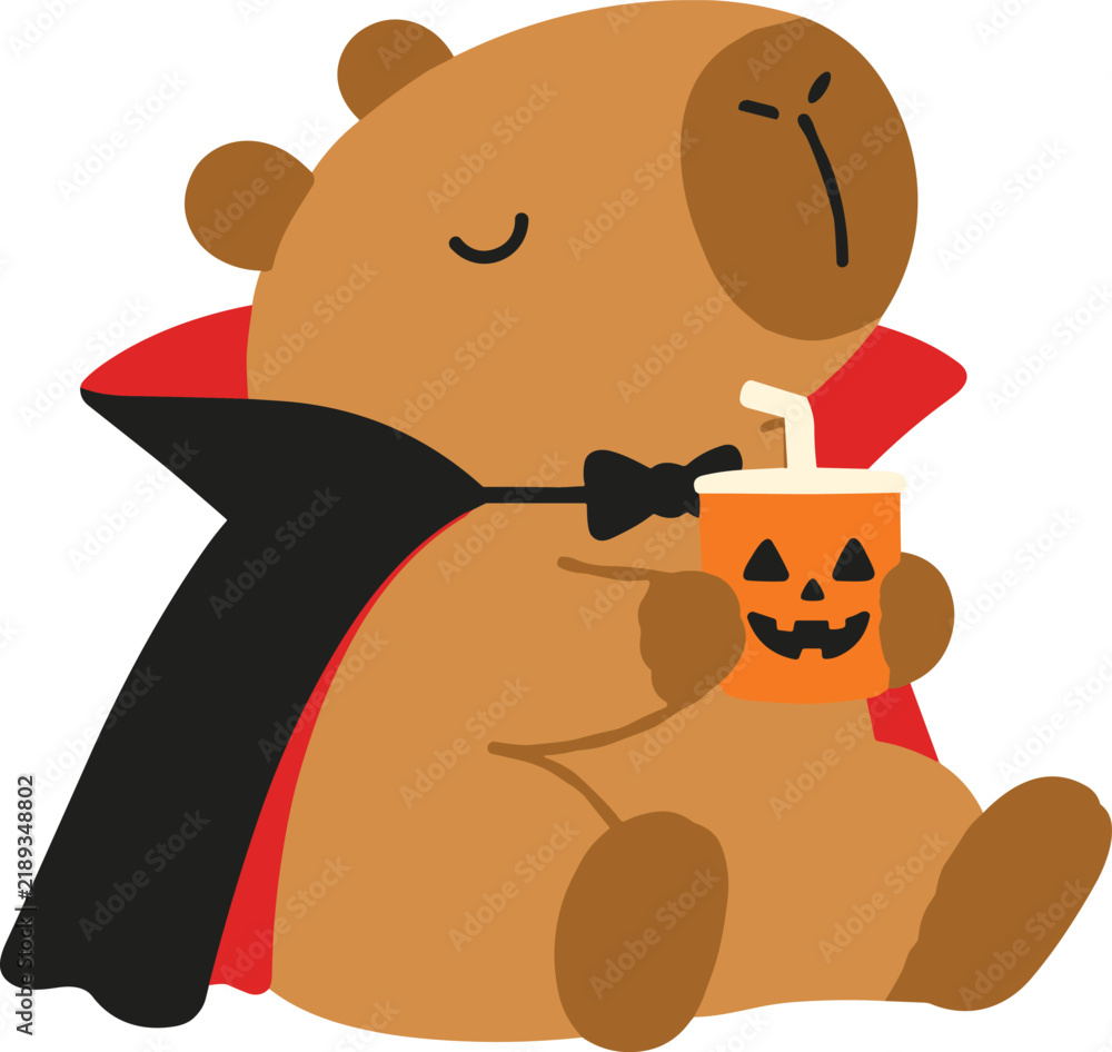 Obraz premium Cute Capybara Vampire in Dracula Cape Holding Halloween Pumpkin Drink