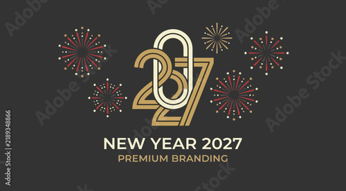 New year 2027 premium branding design with elegant typography and festive fireworks illustration on a dark background
