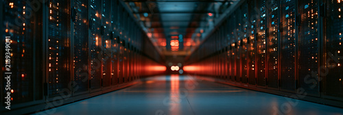 Rows of modern server racks in dark data center aisle with glowing orange and blue indicator lights for high-tech cloud computing facility