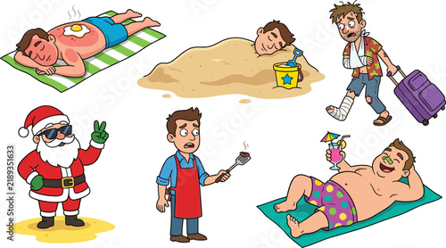 фотографія Funny Cartoon Summer Vacation Character Collection Featuring Beach Relaxation, S
