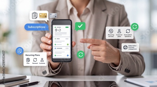 Business person holding a smartphone showing subscription management app interface with digital