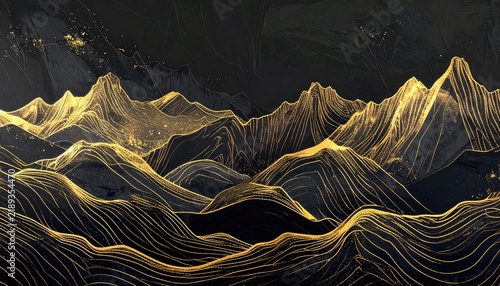 An abstract landscape portrays a mountain range depicted with gold lines on a dark background. Fine lines detail each peak