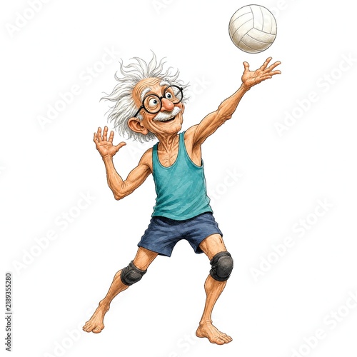 Funny Grandpa Serving Volleyball Overhand Cartoon Illustration