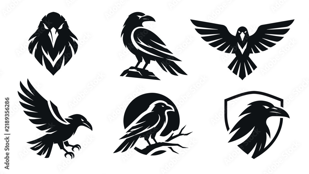 Obraz premium Black Raven Crow Logo Mascot Set, Majestic Bird Flying Perched Silhouette and Shield Emblems, Vector Illustration