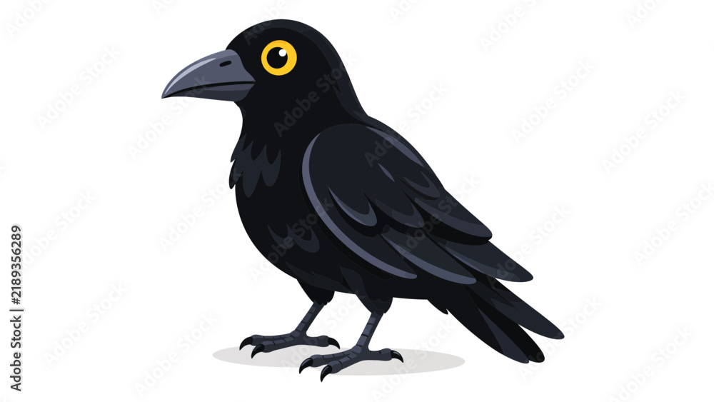 Obraz premium Black Crow Raven Bird Standing, Cute Wildlife Corvid Animal Mascot Isolated on White, Vector Illustration