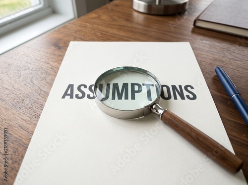 A Magnifying Glass Resting Over The Word Assumptions Printed On A White Sheet Of Paper On A Wooden Desk