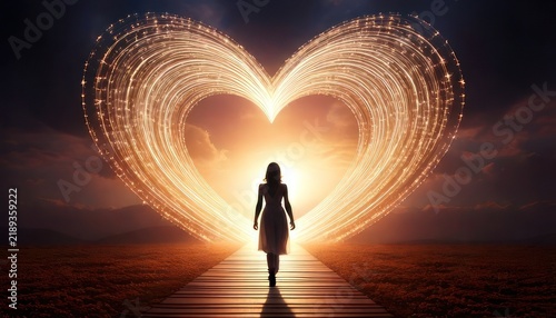 Woman walking towards heart light.