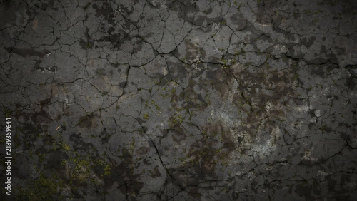 Dark Cracked Concrete Surface With Subtle Patches Of Moss And Weathered Texture