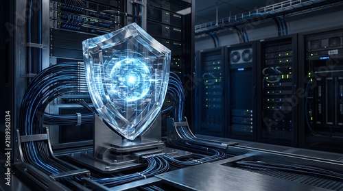 Obraz na płótnie Glowing digital shield protecting encrypted data in a modern server room