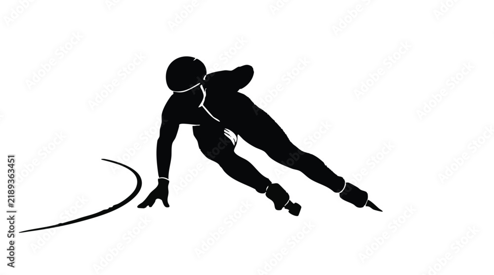 Fototapeta premium Speed Skater Silhouette Turning on Ice Track Isolated on White Background