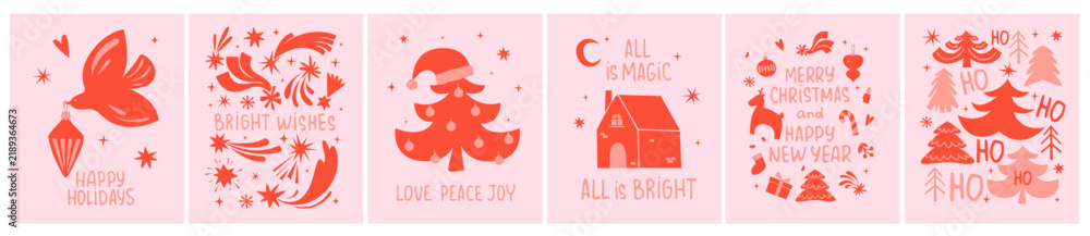 Obraz premium Hand-drawn vintage, retro style Christmas cards set. Cristmas, New Year, winter design elements, decorations, trees, stars, snowflakes, baubles, toys, gifts and houses. Lettering, greetings. 