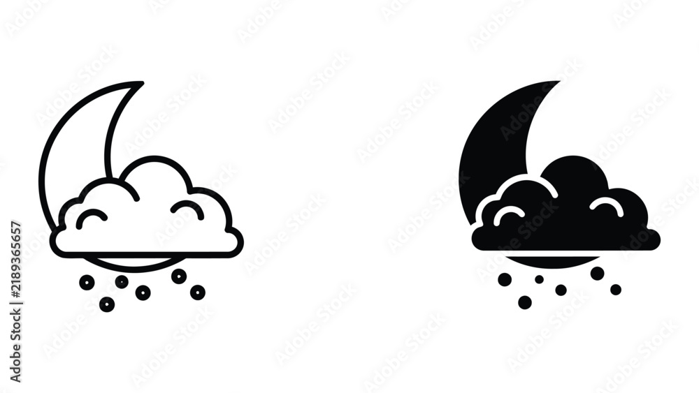 Obraz premium Outline and silhouette weather icons of a crescent moon and snowing cloud