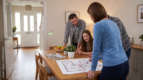 Family reviewing home fire escape plan at dining table