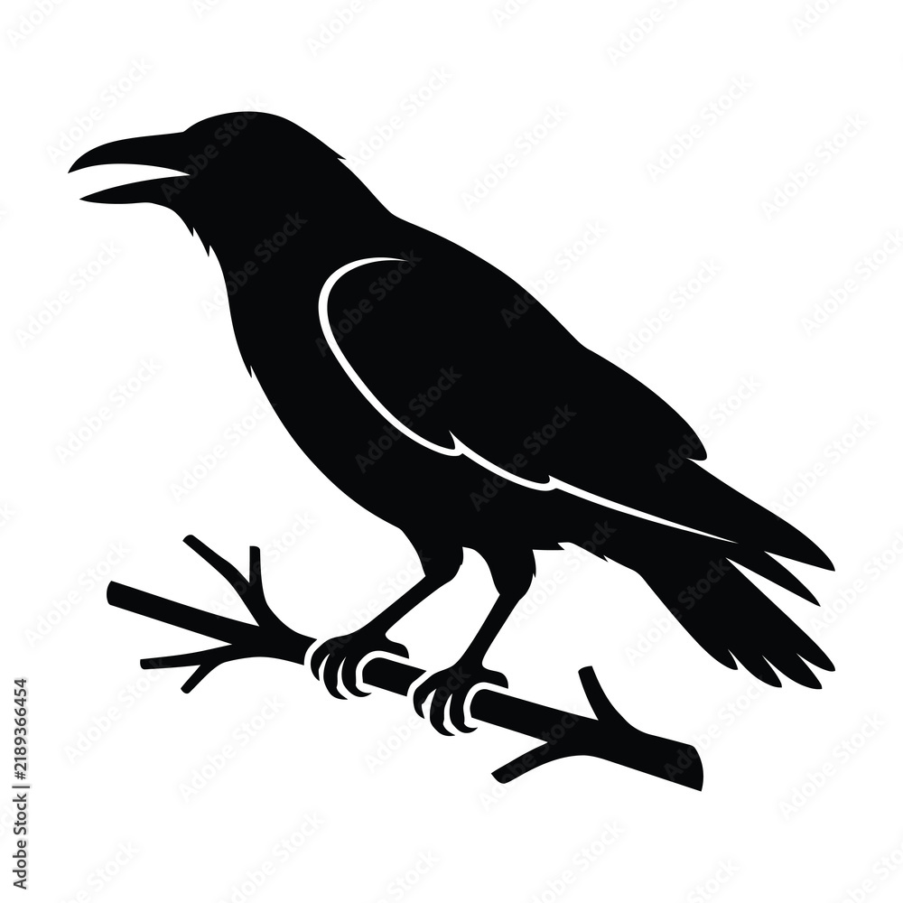 Fototapeta premium Black silhouette of a crow perching on a branch isolated on white background