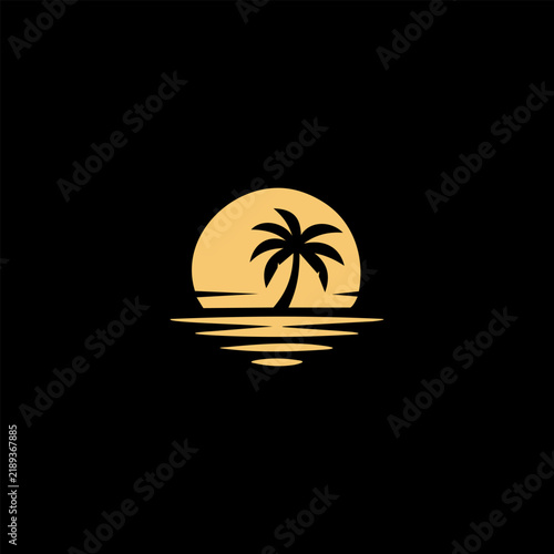 Minimal tropical palm tree and sunset logo with ocean reflection, ideal for beach resorts, travel brands, villas, hotels, and summer lifestyle businesses.