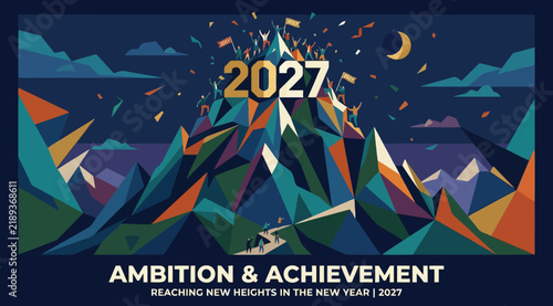 2027 new year celebration concept, mountain peak achievement illustration with people reaching the summit, ambitious goal setting and success theme for professional growth and future planning