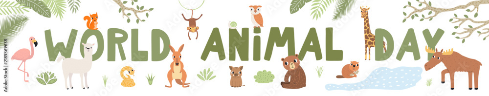 Obraz premium Cute wild animals World Animal Day design with text, plants. Tropical and woodland wildlife. Kawaii cartoon characters. Hand drawn flat vector illustration, design element for environment protection